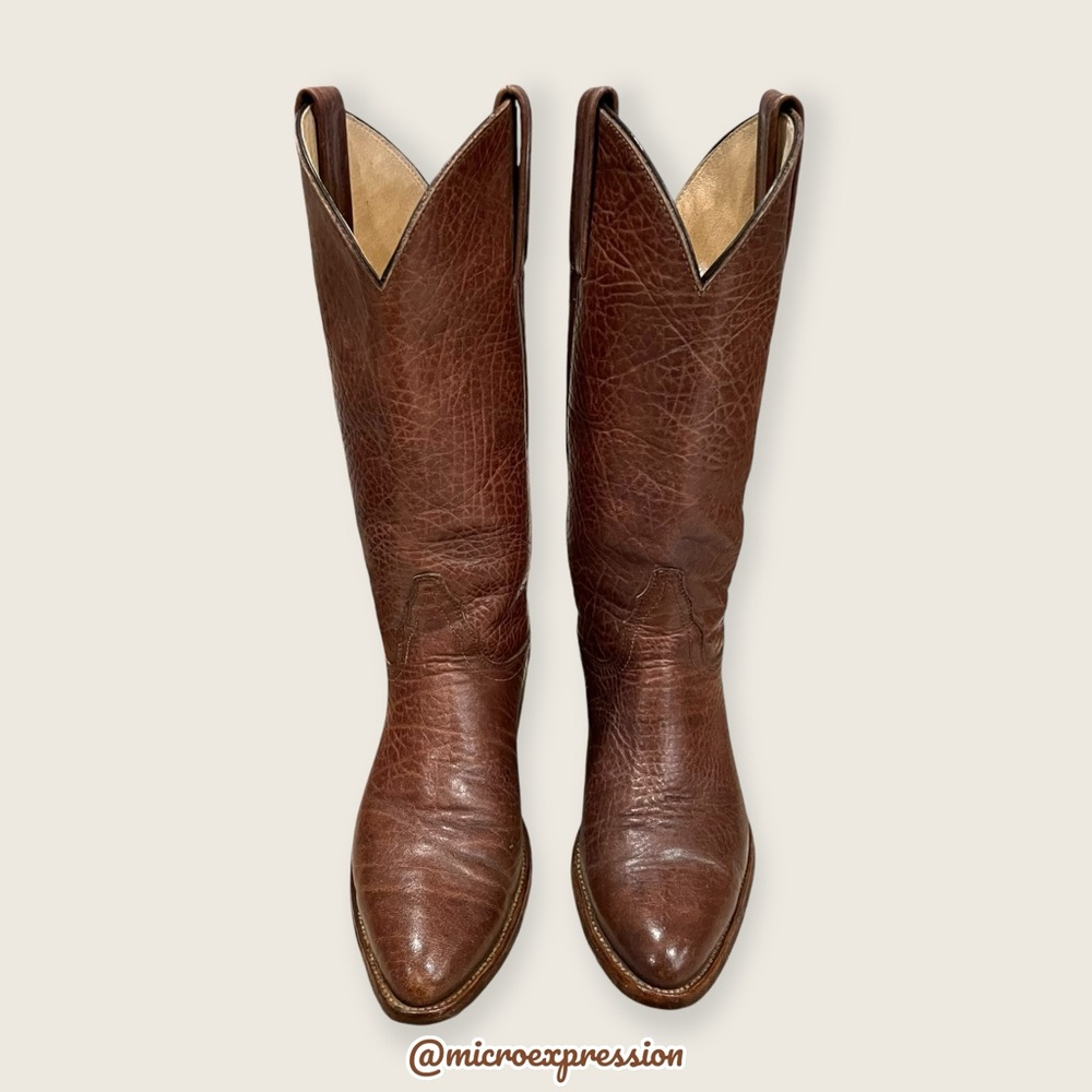 1980s VINTAGE Frye Real Leather Pull On Grainy Brown Pull On Western Cowboy Boot - Picture 8 of 16